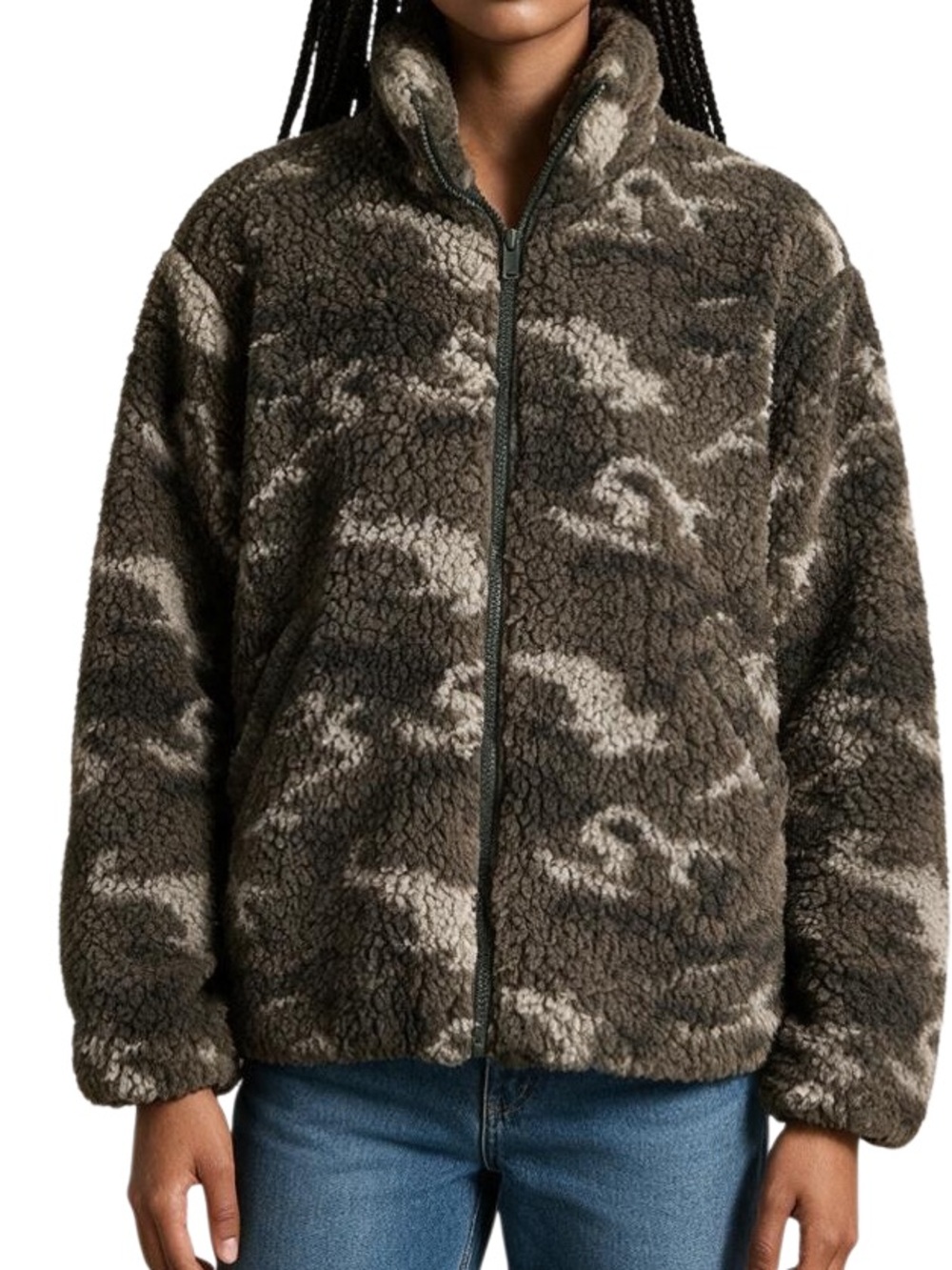 Nine West Size XS faux Sherpa Zip-Up Jacket in Olive Green